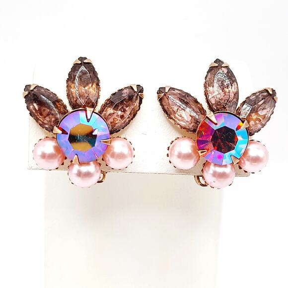 Vintage AB Rhinestone Pink Pearl Earrings Gold Tone Clip On Costume Jewelry - Picture 3 of 7